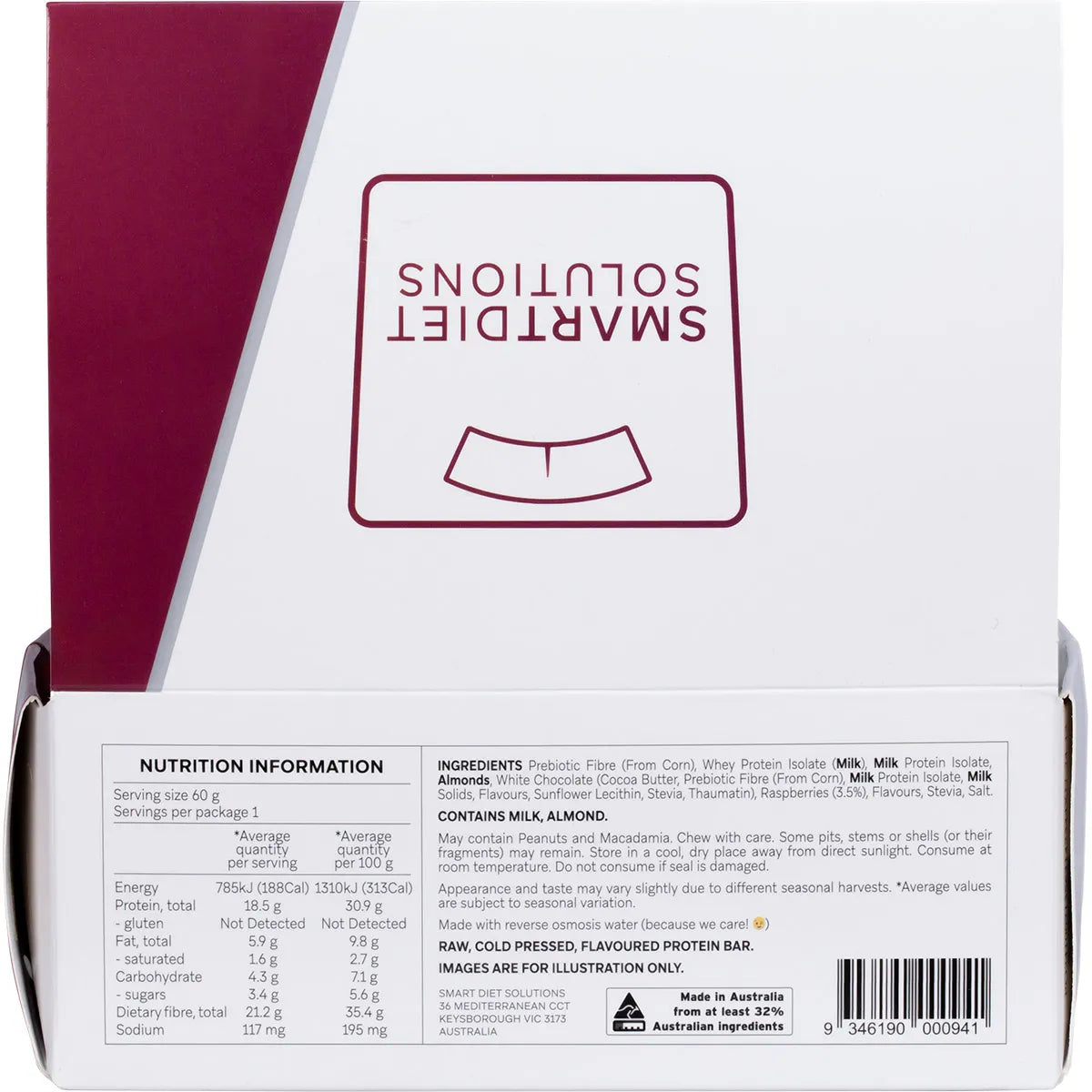 Back of a Raspberry White Chocolate Smart Protein Bar box with nutrition facts, ingredients, and product benefits.