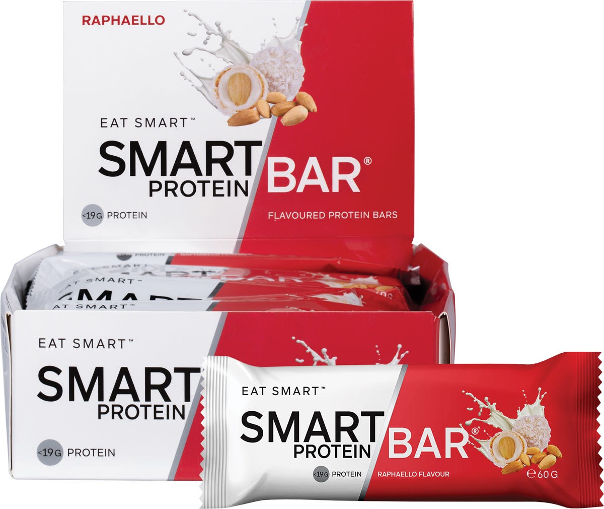 12-pack box and single 60g Smart Protein Bar in Raphaello flavor, featuring white chocolate and coconut.