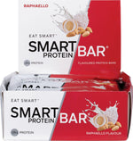 Open 12-pack box of Smart Protein Bar Raphaello flavor with a single 60g bar and coconut and almond illustrations.