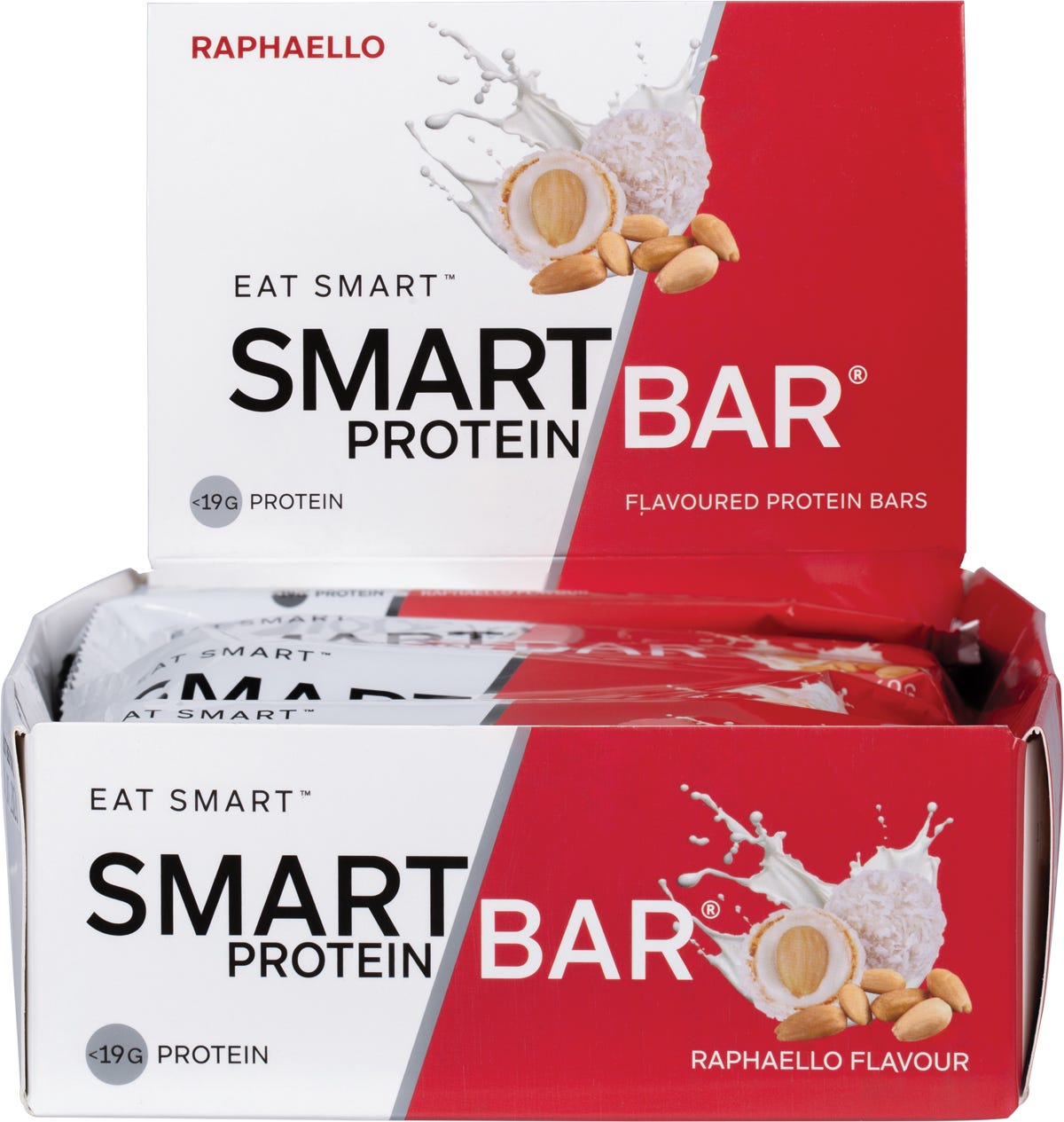 Open 12-pack box of Smart Protein Bar Raphaello flavor with a single 60g bar and coconut and almond illustrations.