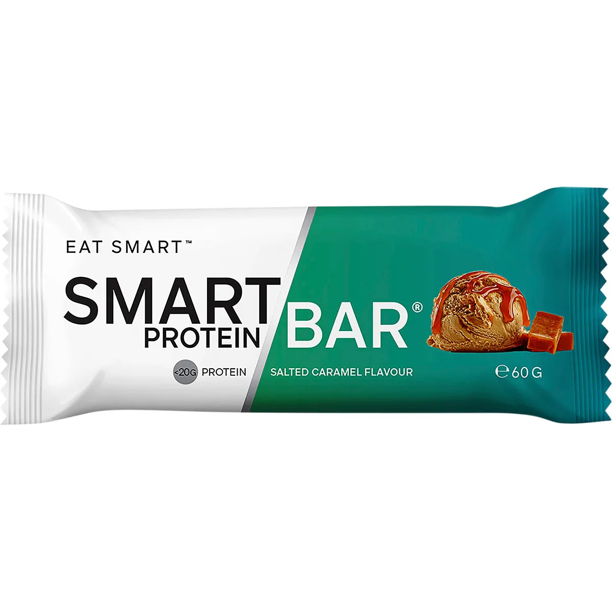 Wrapped 60g Smart Protein Bar in Salted Caramel flavor on a white background with a caramel drizzle illustration.