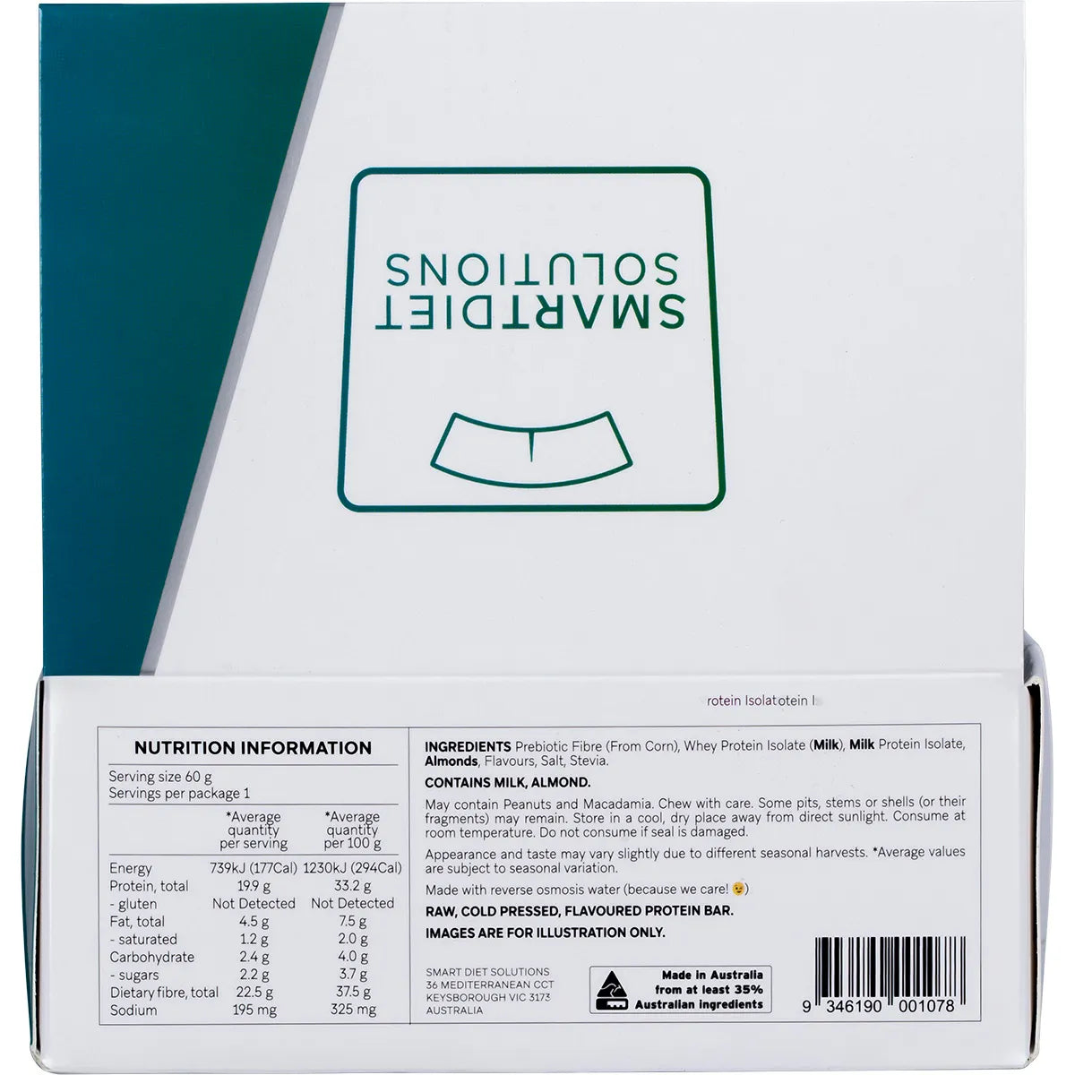 Back of a Smart Protein Bar Salted Caramel 12-pack box with nutrition facts, ingredients, and a "raw cold pressed" logo.