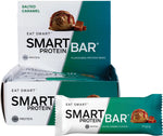 A 12-pack box and a single 60g Smart Protein Bar in Salted Caramel flavor with a caramel drizzle illustration.