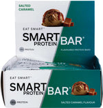Retail display box of 12 Salted Caramel Smart Protein Bars (60g each) with a caramel drizzle illustration.