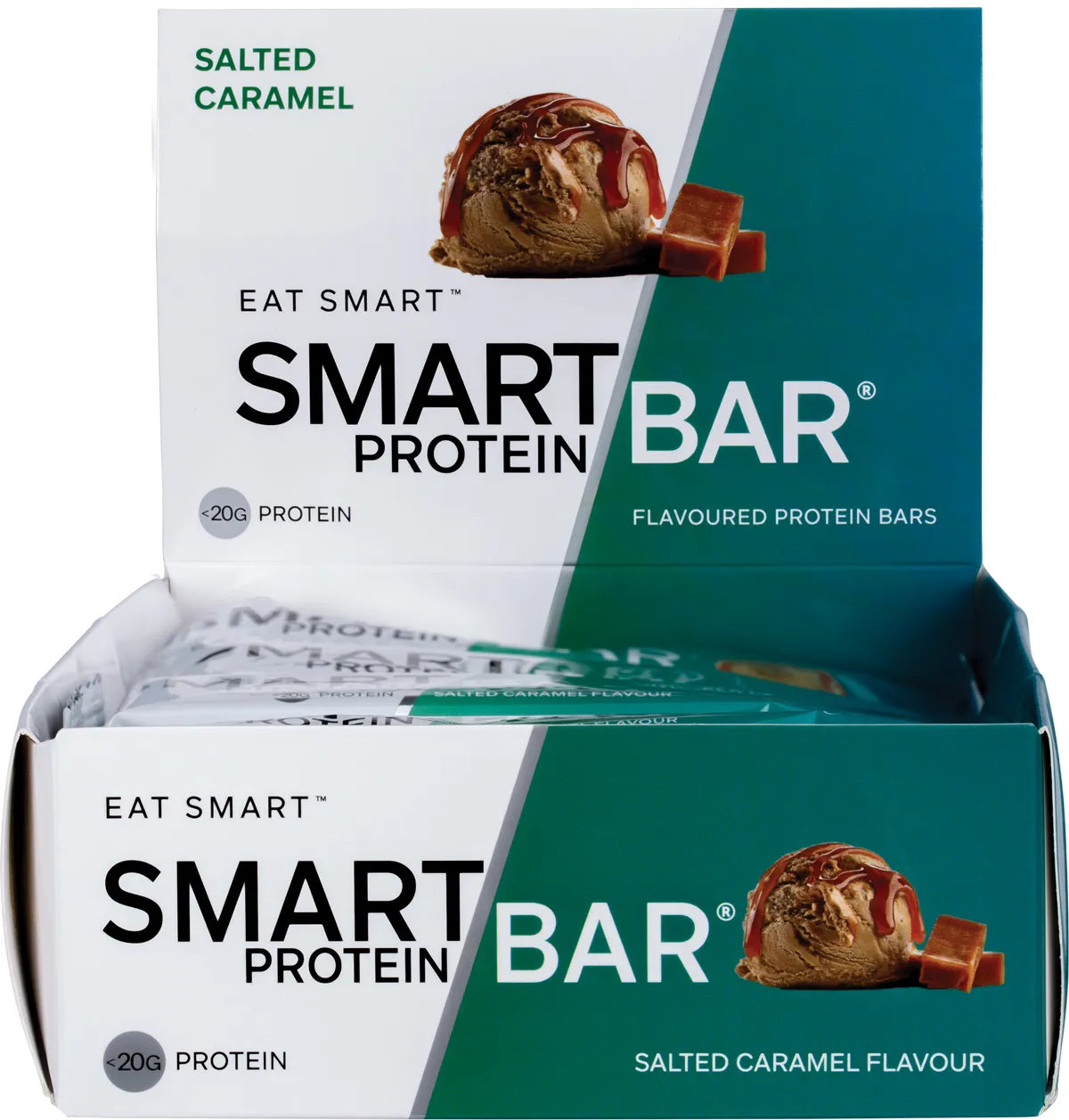 Retail display box of 12 Salted Caramel Smart Protein Bars (60g each) with a caramel drizzle illustration.