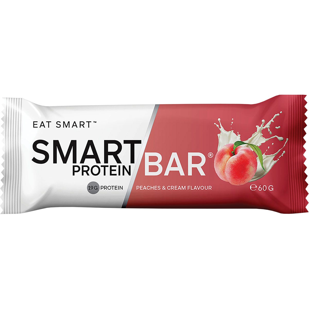Smart Protein Bar Peaches and Cream 60g in a white and orange wrapper featuring a peach illustration.