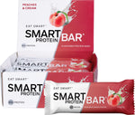 Smart Protein Bar Peaches and Cream 60g pack of 12 with a display box and an unwrapped bar showing a soft peach-colored texture.