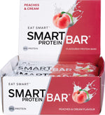 Front view of a retail display box for 12 Smart Protein Bar Peaches and Cream 60g bars.