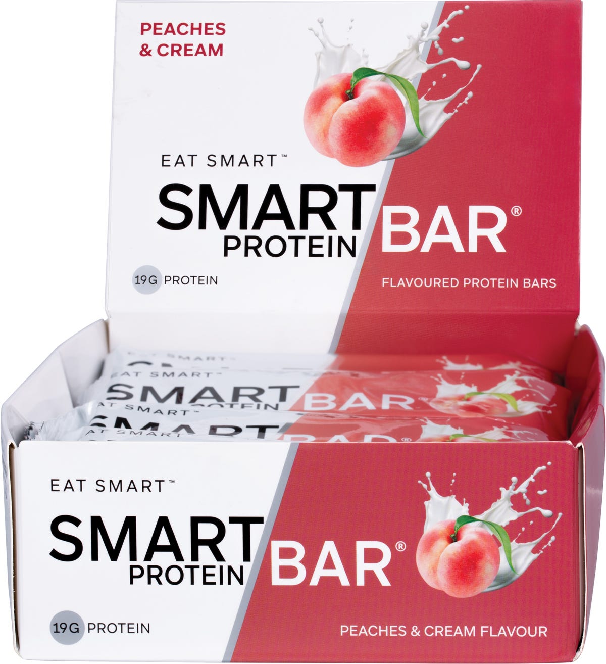 Front view of a retail display box for 12 Smart Protein Bar Peaches and Cream 60g bars.