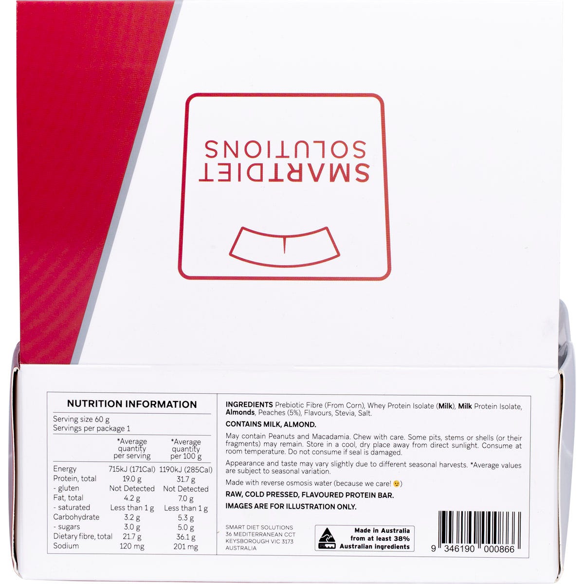 Back of a retail display box for 12 Peaches and Cream Smart Protein Bars showing nutrition facts and ingredients.