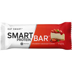 Smart Protein Bar in Strawberry Cheesecake flavor with a pink and white wrapper on a white background.