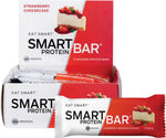 Box of 12 and a single 60g Smart Protein Bar in Strawberry Cheesecake flavor with a pink and white label.