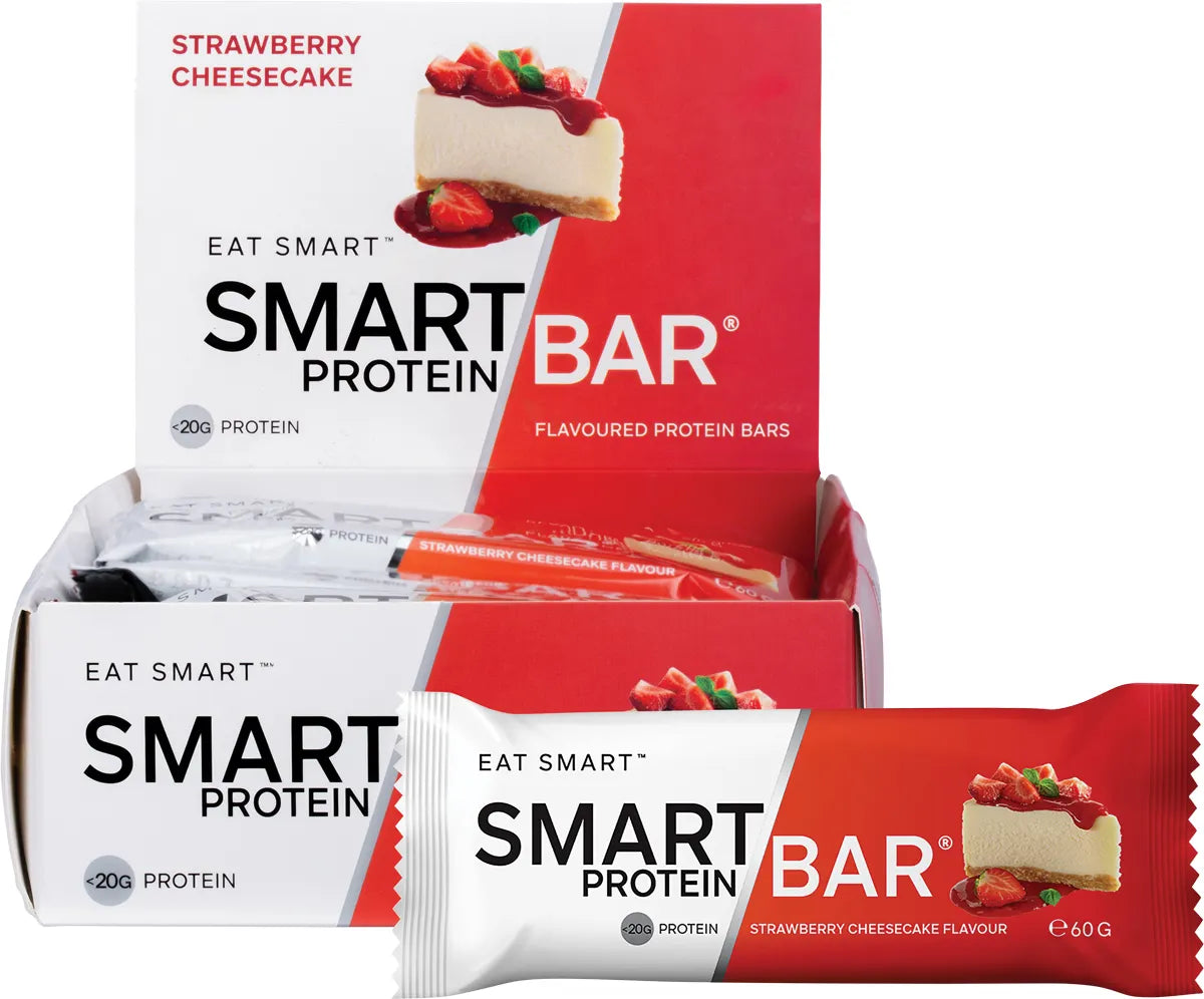 Box of 12 and a single 60g Smart Protein Bar in Strawberry Cheesecake flavor with a pink and white label.