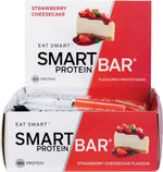 Strawberry Cheesecake Smart Protein Bar 12-pack display box and single bar on a white background.