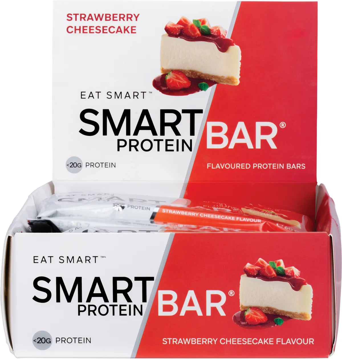 Strawberry Cheesecake Smart Protein Bar 12-pack display box and single bar on a white background.
