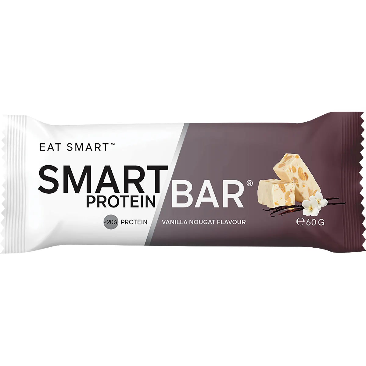 Vanilla Nougat Smart Protein Bar in a 60g white and blue wrapper on a white background.