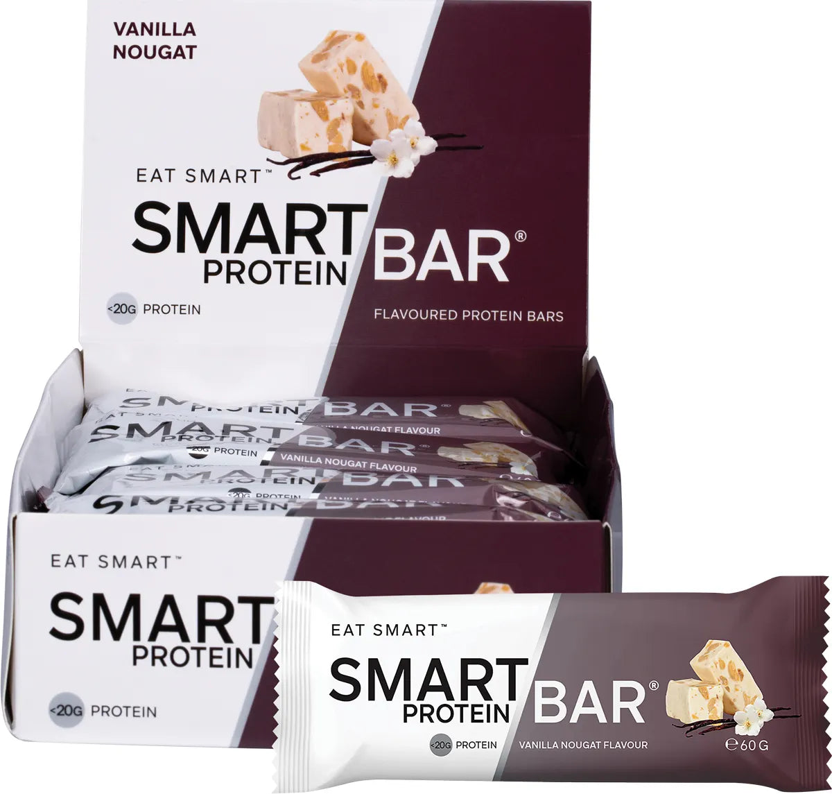 A box of 12 Smart Protein Bars in Vanilla Nougat flavor, including one unwrapped bar showing a chewy, textured center.