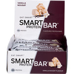 Retail display box for 12 Vanilla Nougat Smart Protein Bars with nutritional highlights on a white background.