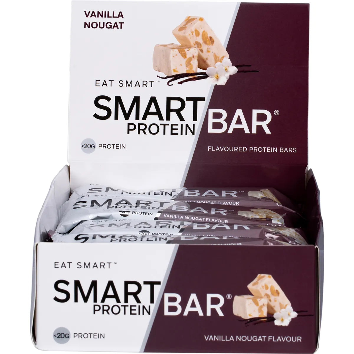 Retail display box for 12 Vanilla Nougat Smart Protein Bars with nutritional highlights on a white background.