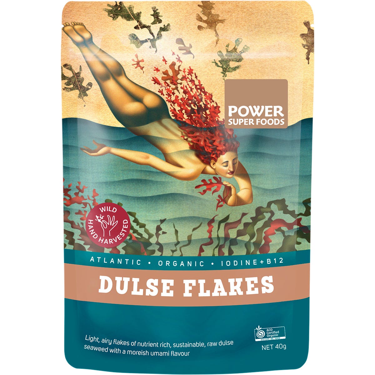 40g bag of Power Super Foods Certified Organic Dulse Flakes, containing raw, wild harvested red seaweed flakes.