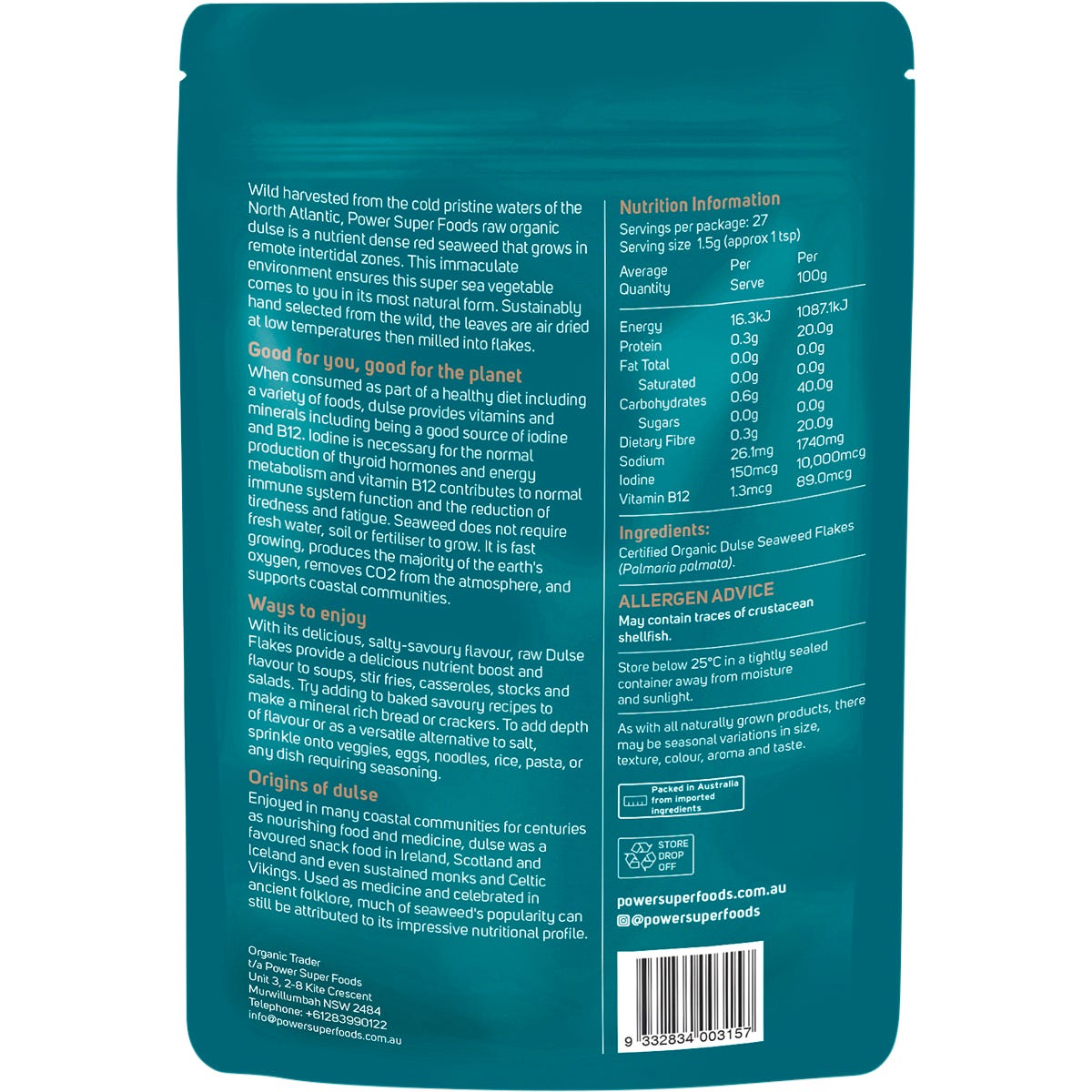 Back of 40g Power Super Foods Dulse Flakes bag showing nutritional information and product details on white background.