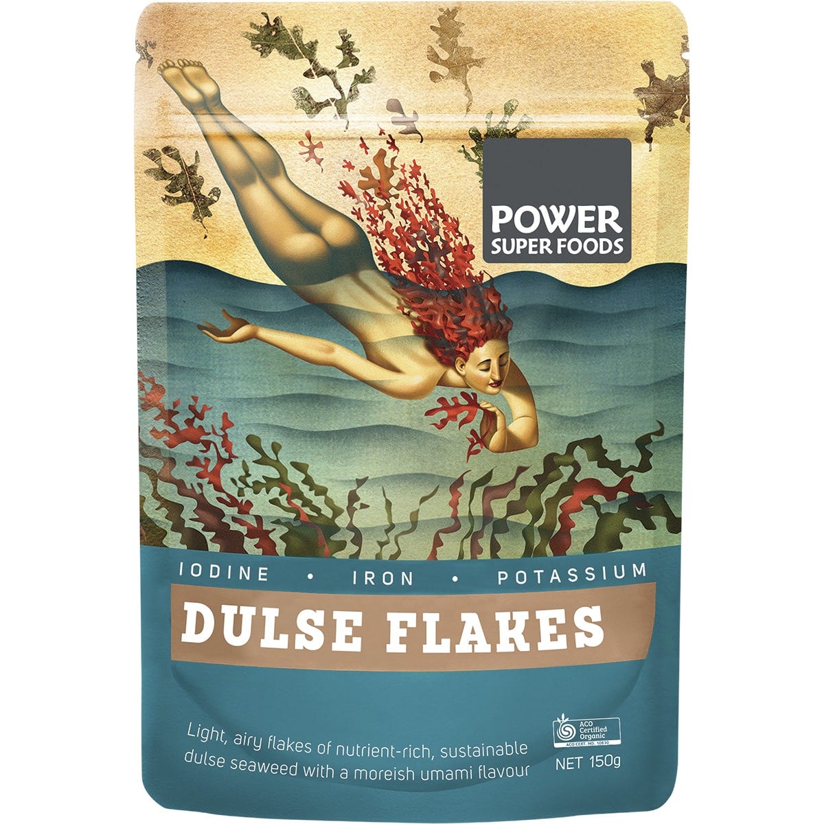 150g bag of Power Super Foods Certified Organic Dulse Flakes, a nutrient-dense red seaweed sea vegetable.