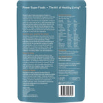 Back of a 150g bag of Power Super Foods Organic Dulse Flakes showing nutritional info and product details.