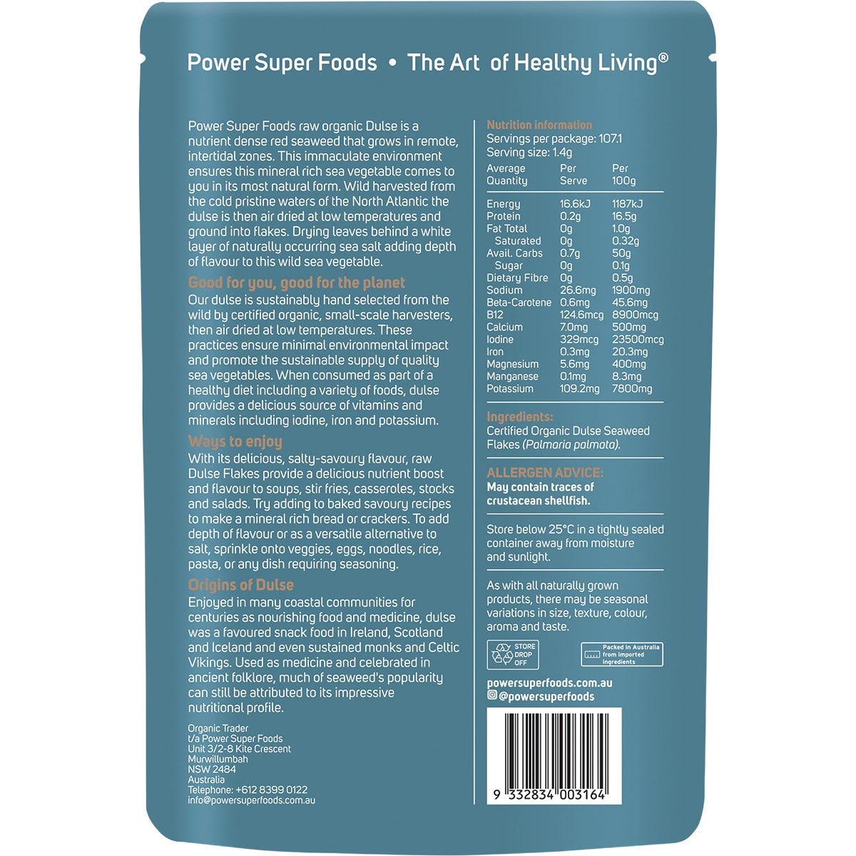 Back of a 150g bag of Power Super Foods Organic Dulse Flakes showing nutritional info and product details.