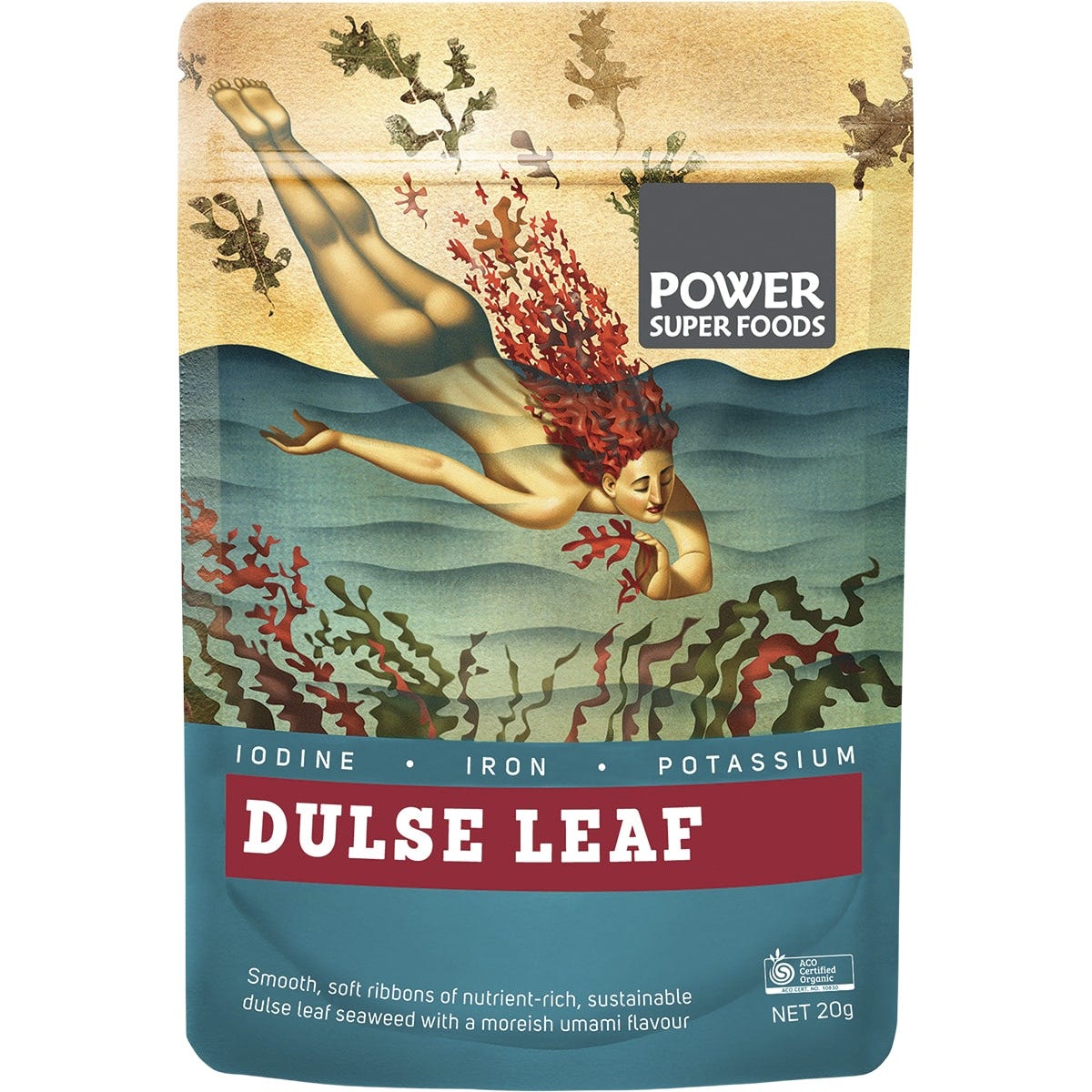 20g pack of Power Super Foods Certified Organic Dulse Leaf, a nutrient-dense red seaweed from the North Atlantic.