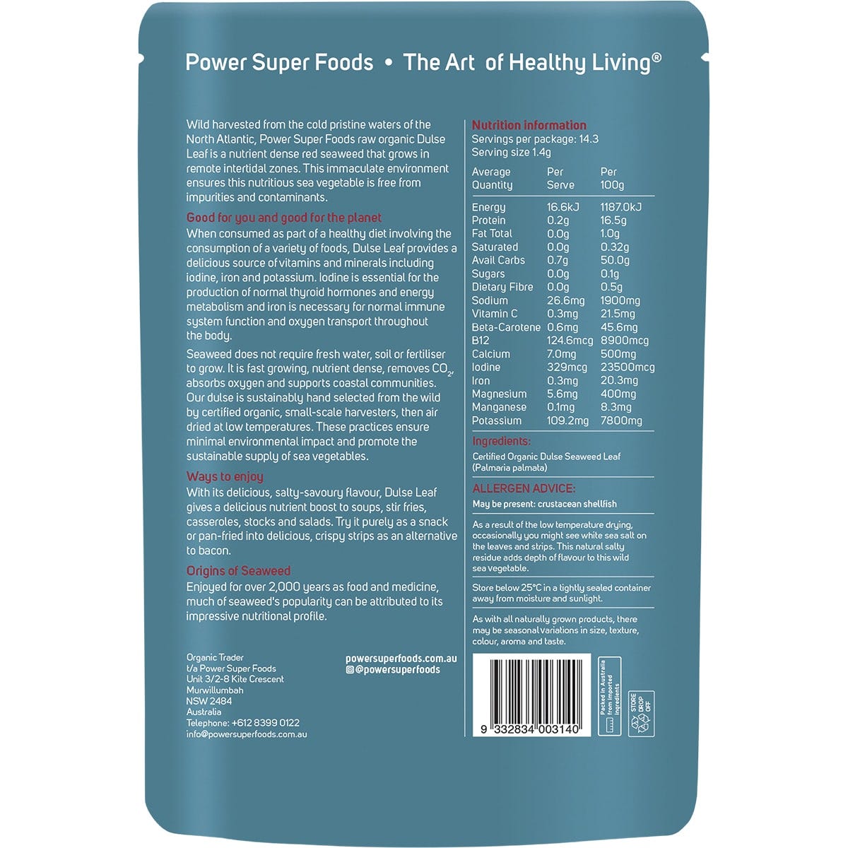Back of Power Super Foods Organic Dulse Leaf 20g pack with nutrition facts and product information.