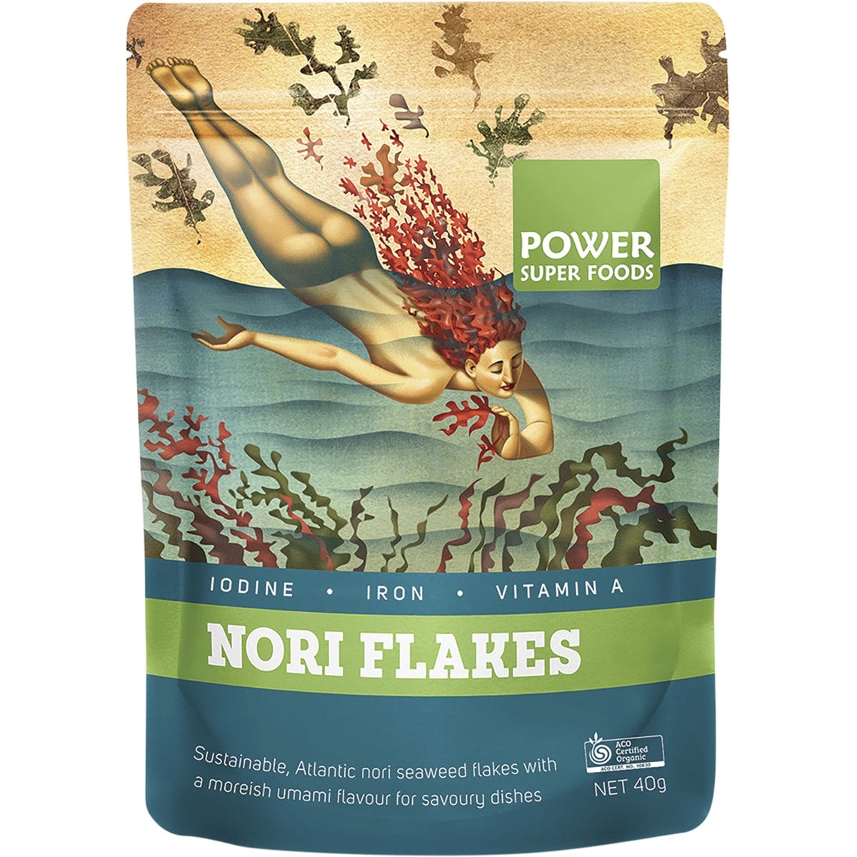 Power Super Foods Certified Organic Nori Flakes in a 40g bag featuring a green label with an ocean illustration.