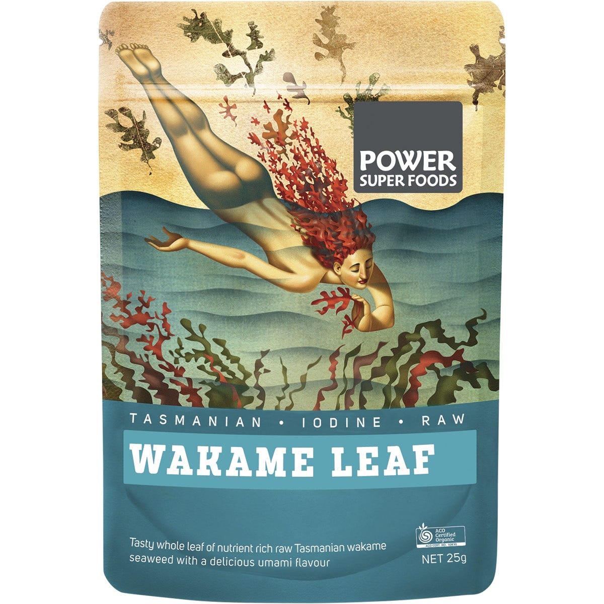 25g bag of Power Super Foods Certified Organic Wakame Leaf, wild-harvested dried Tasmanian seaweed.