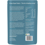 Back of a 25g bag of Power Super Foods Organic Wakame Leaf featuring nutritional facts and product information.