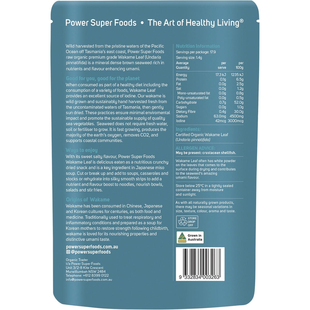 Back of a 25g bag of Power Super Foods Organic Wakame Leaf featuring nutritional facts and product information.