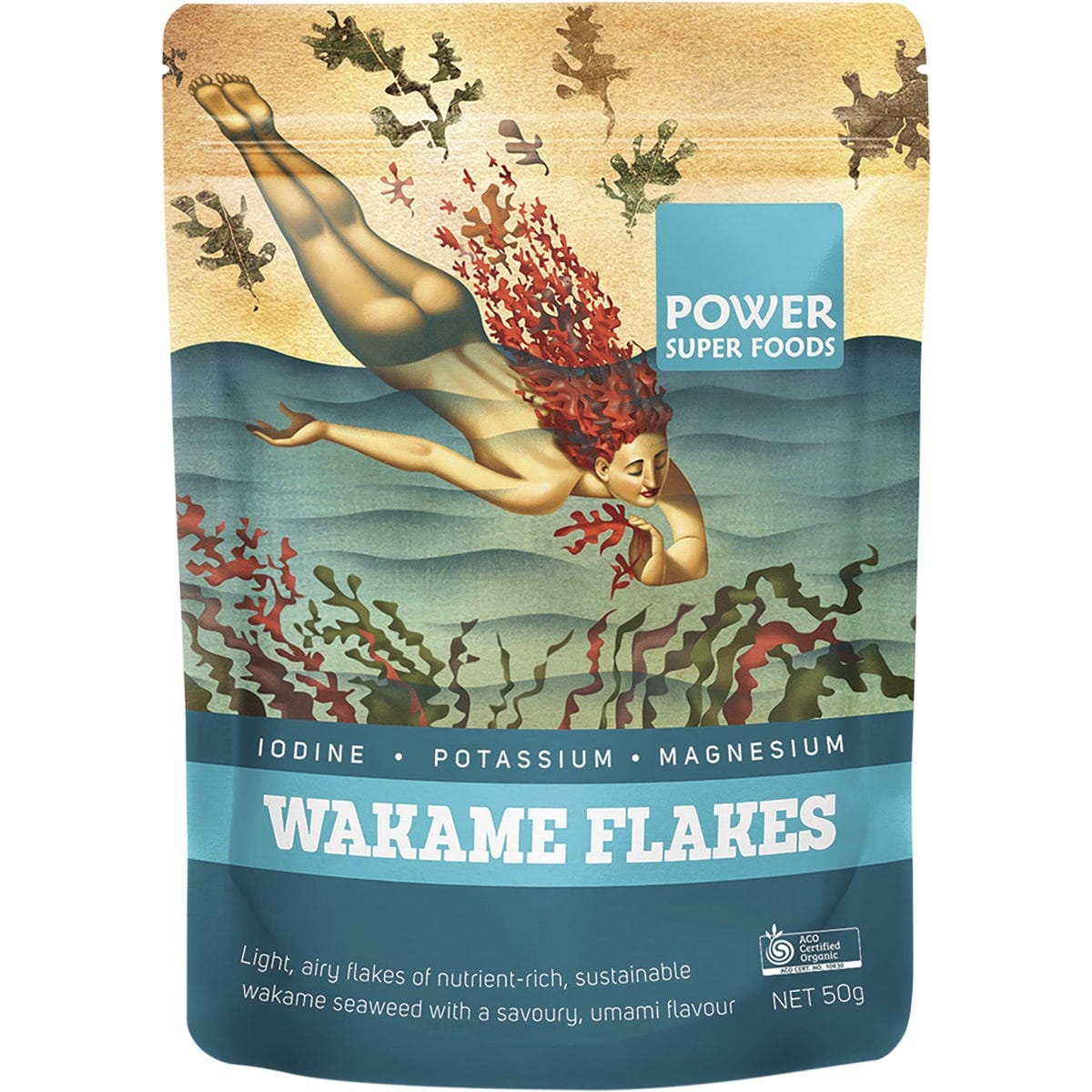50g pack of Power Super Foods Certified Organic Wakame Flakes, a nutrient-rich seaweed superfood for soups and salads.