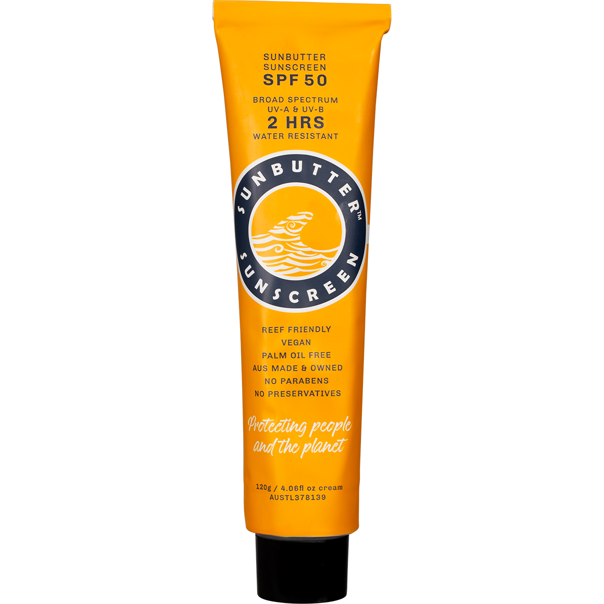White and yellow 120g tube of SunButter SPF50 Original mineral sunscreen with a blue and orange logo.
