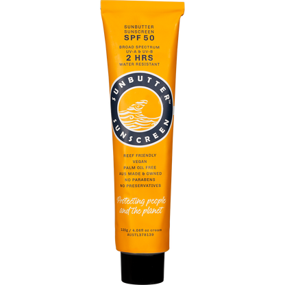 White and yellow 120g tube of SunButter SPF50 Original mineral sunscreen with a blue and orange logo.