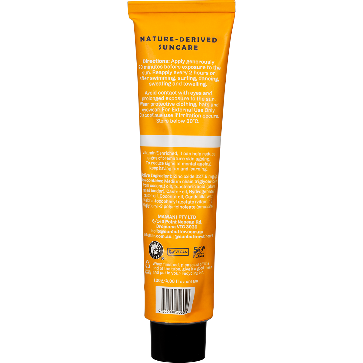 Back of SunButter SPF50 tube showing active ingredients, directions for use, and Australian Made logo.