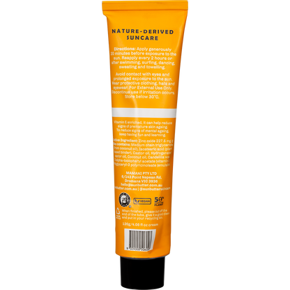 Back of SunButter SPF50 tube showing active ingredients, directions for use, and Australian Made logo.