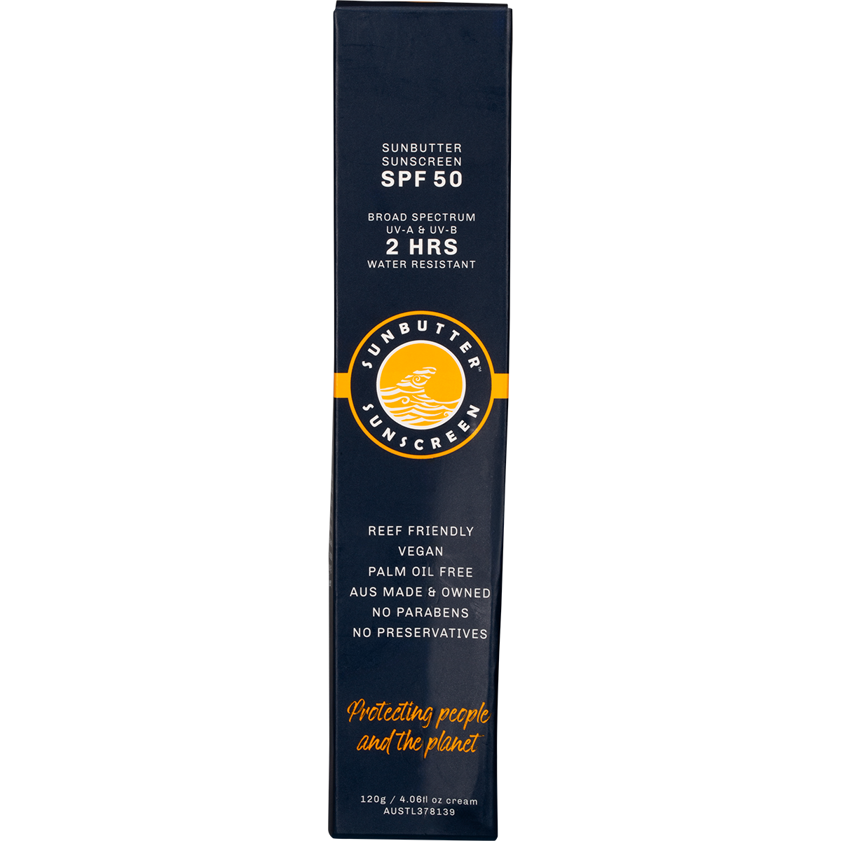 White and yellow 120g cardboard box for SunButter SPF50 Original sunscreen with blue and orange logo.