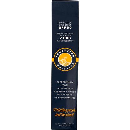 White and yellow 120g cardboard box for SunButter SPF50 Original sunscreen with blue and orange logo.