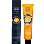 SunButter SPF50 sunscreen tube and matching box on a white background with a blue and orange logo.