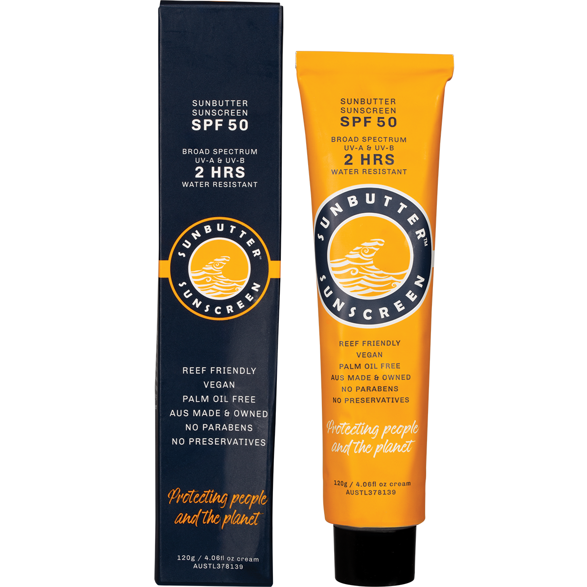 SunButter SPF50 sunscreen tube and matching box on a white background with a blue and orange logo.
