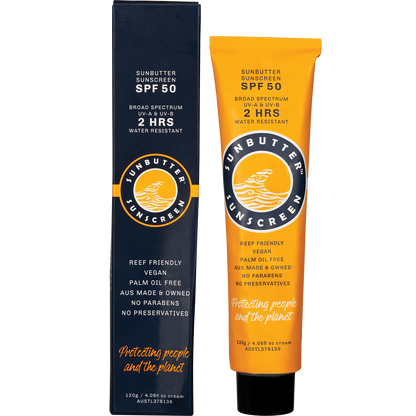 SunButter SPF50 sunscreen tube and matching box on a white background with a blue and orange logo.