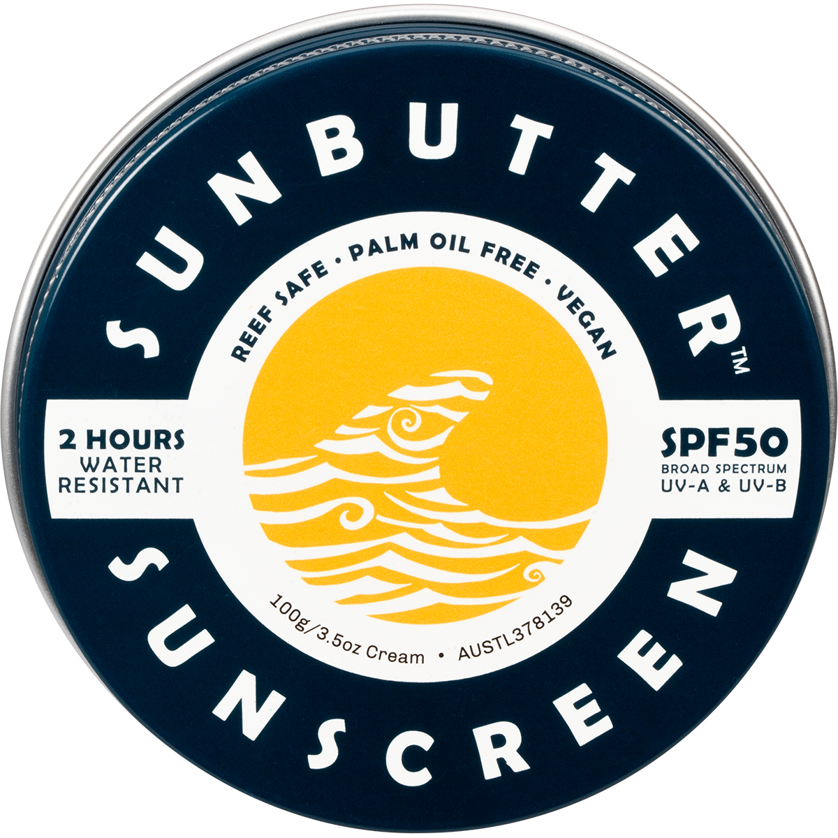100g tin of SunButter SPF50 Original sunscreen with a yellow and blue label and silver lid.
