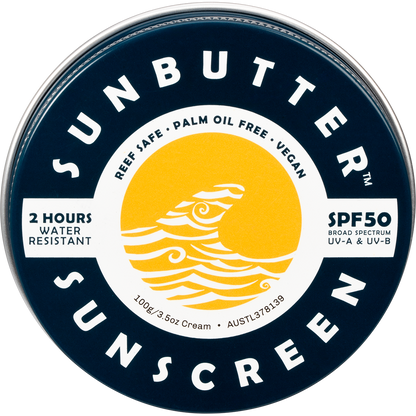100g tin of SunButter SPF50 Original sunscreen with a yellow and blue label and silver lid.