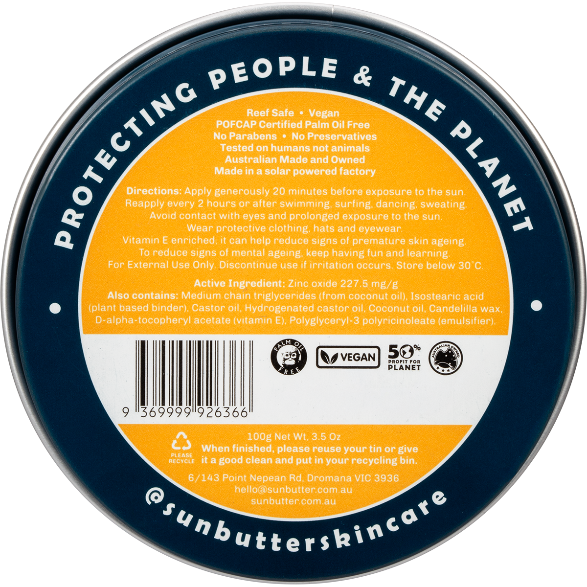 Back of SunButter SPF50 Original tin showing ingredients, Australian made logo, and eco-friendly product details.