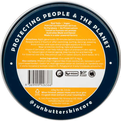 Back of SunButter SPF50 Original tin showing ingredients, Australian made logo, and eco-friendly product details.