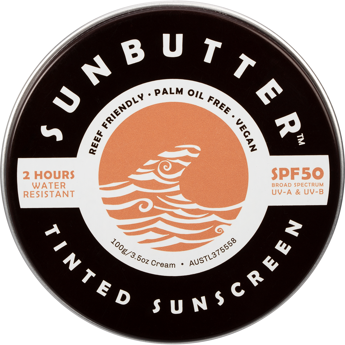 SunButter SPF50 Tinted Sunscreen in a 100g plastic-free tin with a sunset and ocean design.