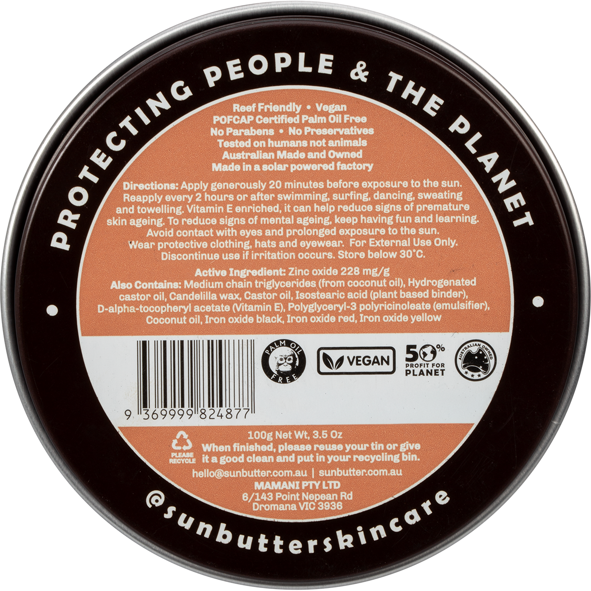 Back of SunButter SPF50 Tinted Sunscreen tin showing ingredients, directions, and barcode on a white background.